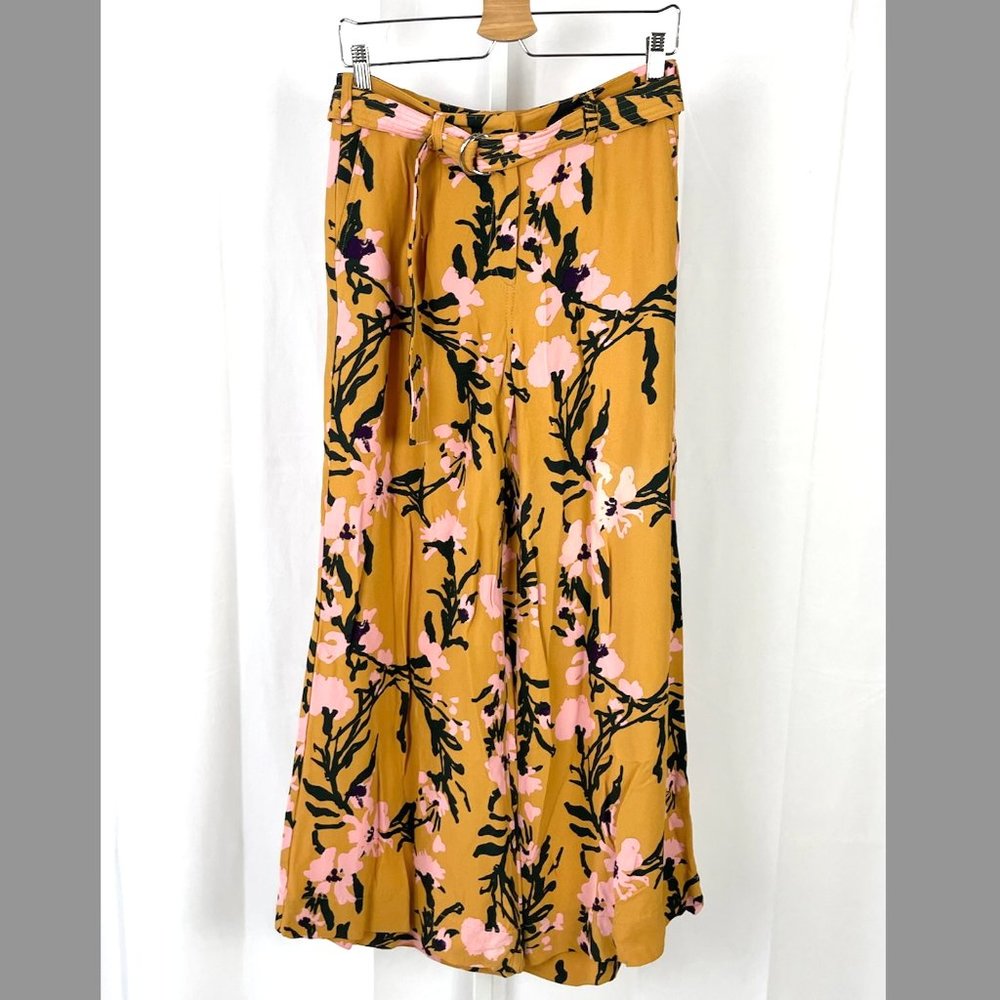 Marimekko Anthropologie Belted Palazzo Pants Lici Floral Print Mustard 8 M 38